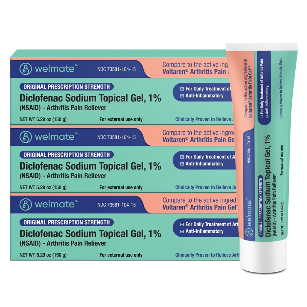 WELMATE Diclofenac Sodium Topical Gel 1% (NSAID) - Arthritis Pain Reliever - Joint Pain Relief for Hand, Knee, Foot, Elbow, Ankle - 5.29 oz, 3 Pack