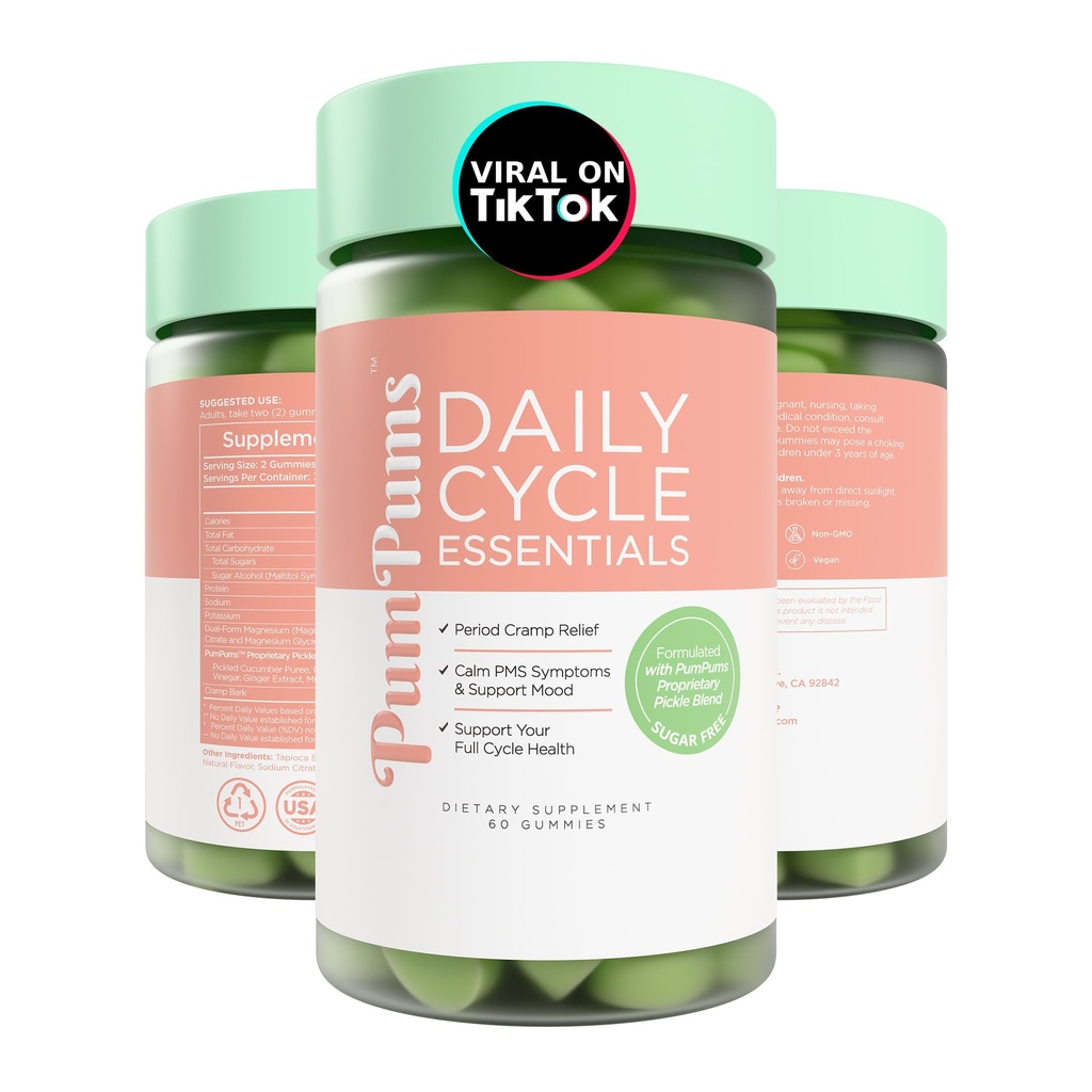 PumPums™ Daily Cycle Essentials - Women's Period & PMS Support Gummies with Pickle Extract, Apple Cider Vinegar, Magnesium | Period Cramps, PMS, Bloating & Mood Balance | Sugar-Free, Vegan, 60 Gummies