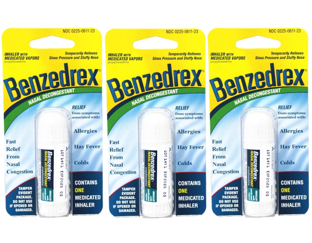 Benzedrex Nasal Decongestant Inhaler – Medicated Vapor Relief for Sinus Pressure, Nasal Congestion, Allergies, Hay Fever & Colds (Pack of 3)