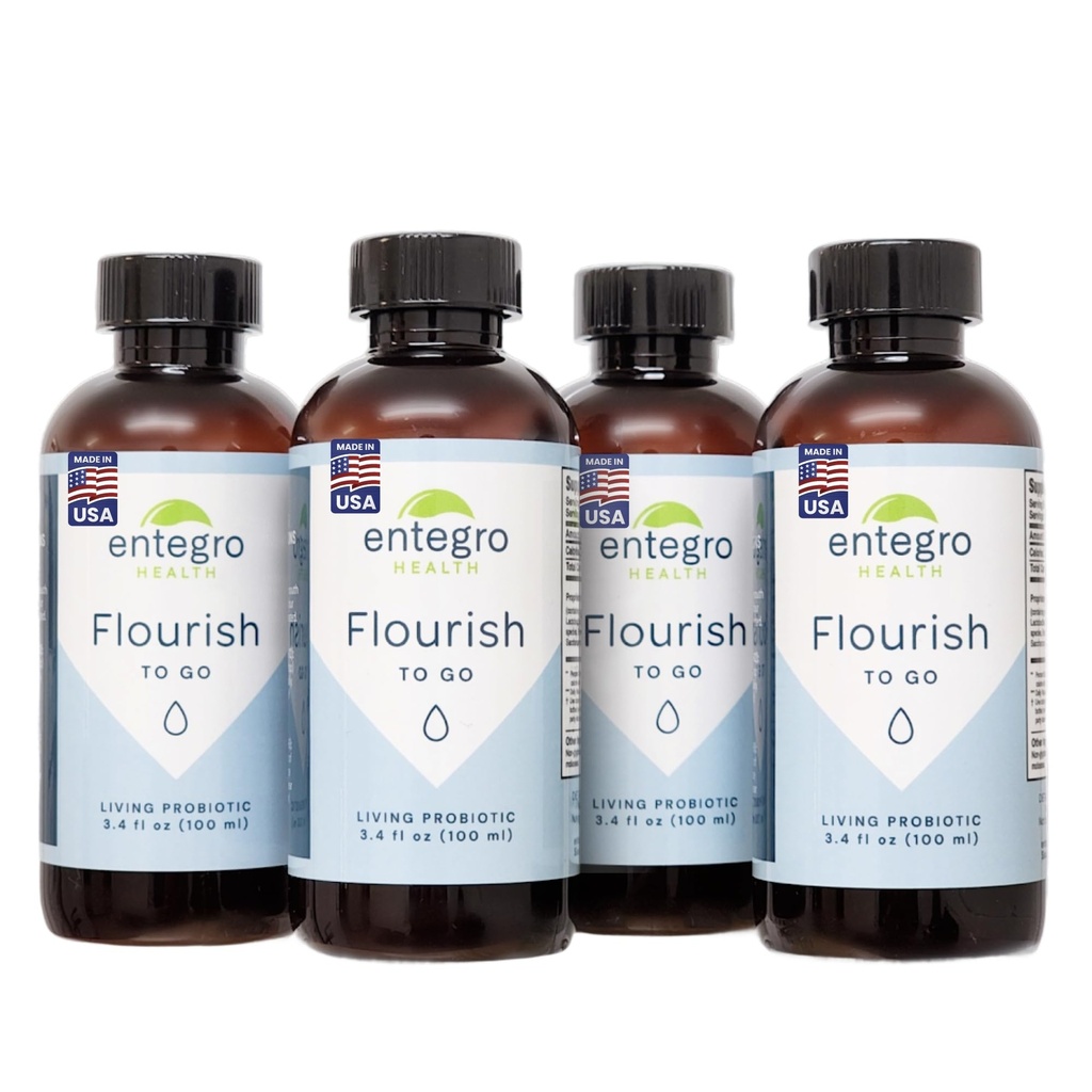 ENTEGRO Flourish to Go Liquid Probiotic & Postbiotic Supplement | 11 Live Cultures | Gut & Digestive Health for Women, Men & Kids | Organic, Vegan, Allergen Free | USA Made | 4 x 3.4 fl oz Bundle