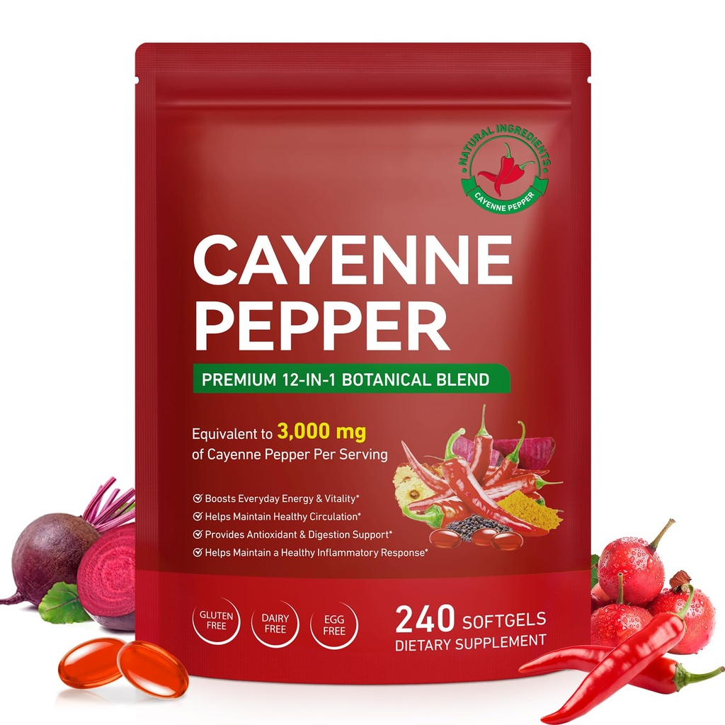 Cayenne Pepper Capsules with Turmeric & Beetroot – 12-in-1 Formula with Black Pepper Extract for Absorption – Vitamins D3, K2 & E – Supports Circulation & Antioxidant – 240 Softgels (80-Day Supply)
