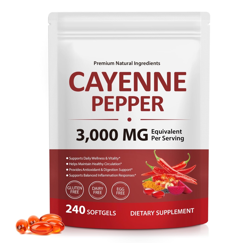 Cayenne Pepper Softgels Supplement with Beetroot, Hawthorn, Grape Seed, and Turmeric – Enriched with Vitamins D3 + K2 & E – Supports Circulation, Leg Vein, and Heart Wellness – 240 Softgels