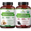 Zazzee Organic Elderberry Extract and Astragalus Root Extract Capsules | 10:1 Sambucus Black Elderberry Plus 20:1 Astragalus | Herbal Immune Support Bundle
