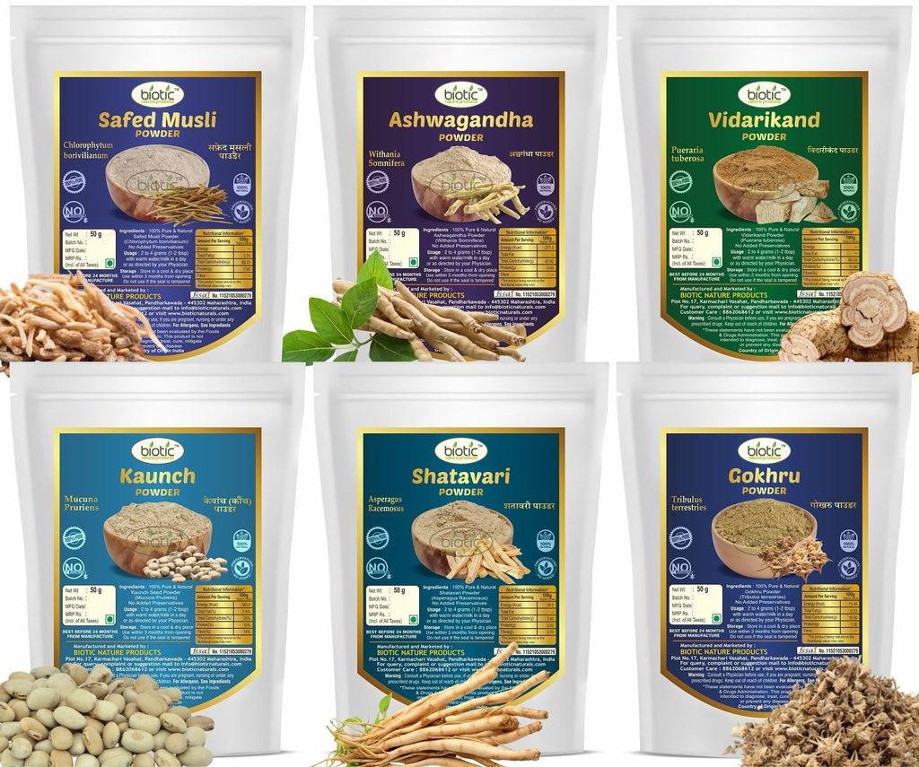 Biotic Safed Musli, Ashwagandha, Shatavari, Gokhru, Vidarikand & Kaunch Seed Powder - 300gms (50gms each)