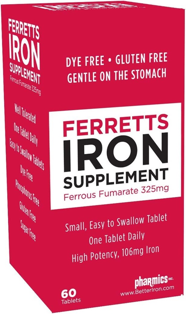Iron Supplement, Ferrous Fumarate 325mg, (106mg Elemental Iron), Gentle on Stomach, 60 Tablets