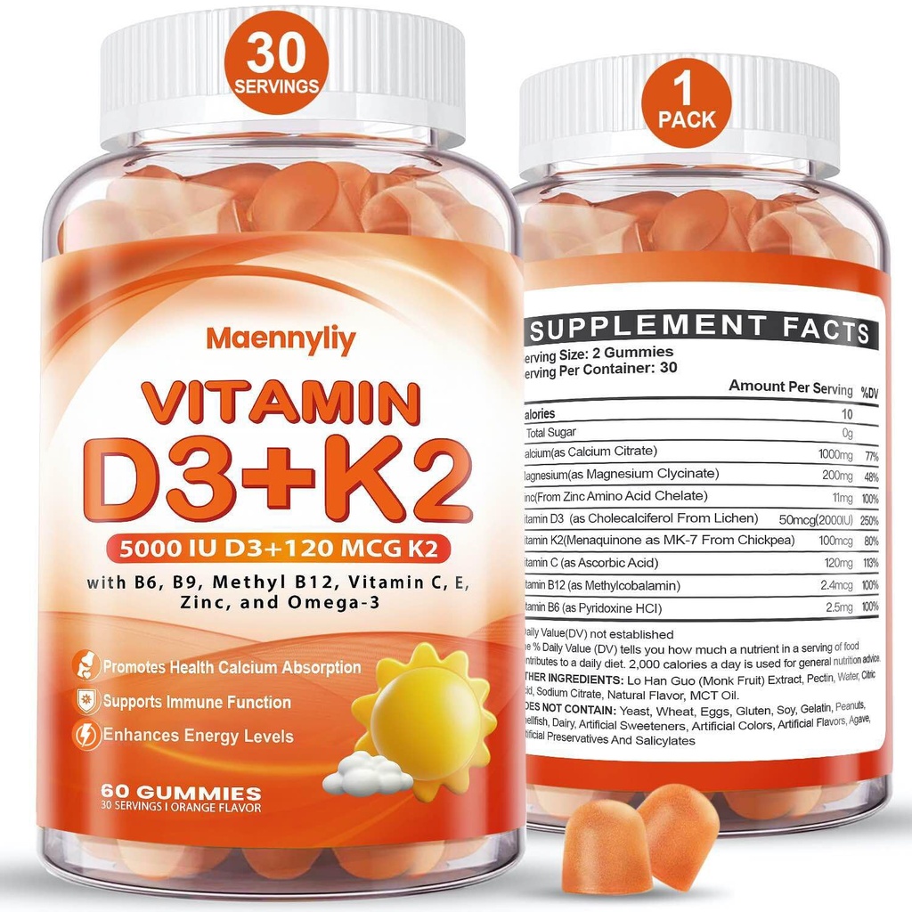 Vitamīns D3 K2 Gumijas pieaugušajiem - vitamīns D3 5000IU + K2 (MK-7) 120mkg - bezcukura D3 un K2 piedevas ar omega 3, metil- B12, B9, B6, vitamīni E un cinks - kalcija absorbcijai un imūnai veselībai