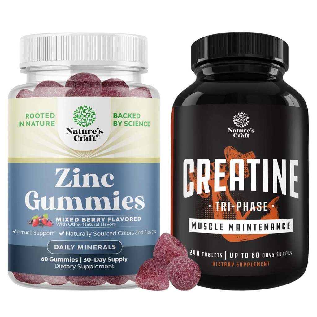 Bundle of Extra Strength Zinc Gummies for Adults - Chewable Zinc Supplements for Energy & Immune Support and Tri Phase Creatine Tablets - Formula Blend of Creatine Monohydrate 300mg HCL & Pyruvate