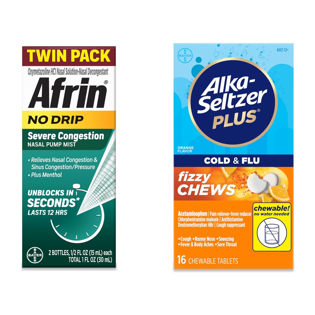 Bundle of Afrin No Drip Severe Congestion Nasal Mist Twin Pack, .5 fl oz (Pack of 2) + Alka-Seltzer Plus Cold & Flu FizzyChews, Orange Flavor, 16 Count