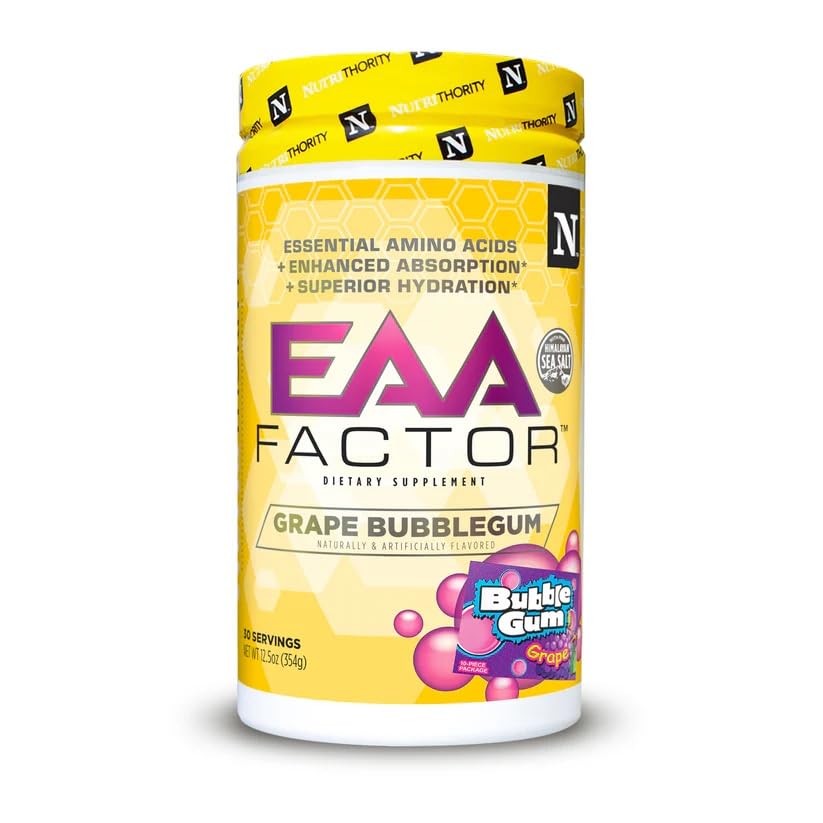 Nutrithority EAA Factor, BCAA Essential Amino Acids Powder, 30 Servings - Sugar & Caffeine Free Intra & Post Workout Drink with Electrolytes - Improve Muscle Recovery & Hydration (Grape Bubblegum)