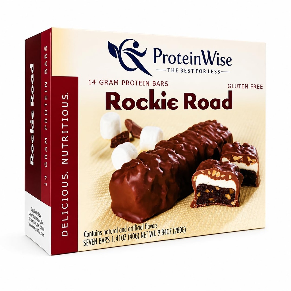 ProteinWise High Protein Bars, Rocky Road, Bariatric, Trans Fat Free, Low Carb, Low Calorie, Diet Healthy Snack, 7 Count