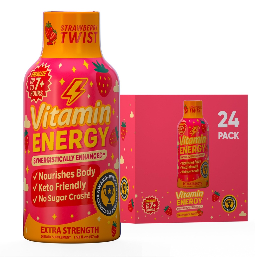 Vitamin Energy Immune+ Extra Strength Energy Shot Strawberry Twist 24 Pack, 260mg Natural Caffeine, B-Vitamins, Citicoline, Green Tea, Immunity & Focus Support, Zero Sugar, Gluten-Free 1.93 fl oz