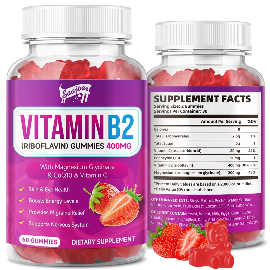 Vitamin B2 Gummies- Riboflavin 400mg with Magnesium & CoQ10 & Vitamins for Kids & Adults, Migraine Relief & Headache Relief - Strawberry Flavor, 60 Gummies