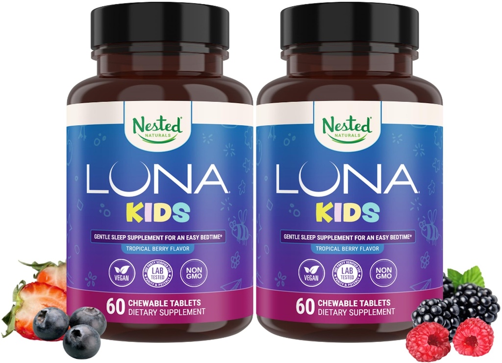 Nested Naturals Luna Kids Miega tabletes bērniem 4+ - Dabīgi Izejvielas - Maiga, Herbal Papildinājums ar kumelītes, Melatonin, Valerian & Lemon Balm - 120 košļājamās tabletes