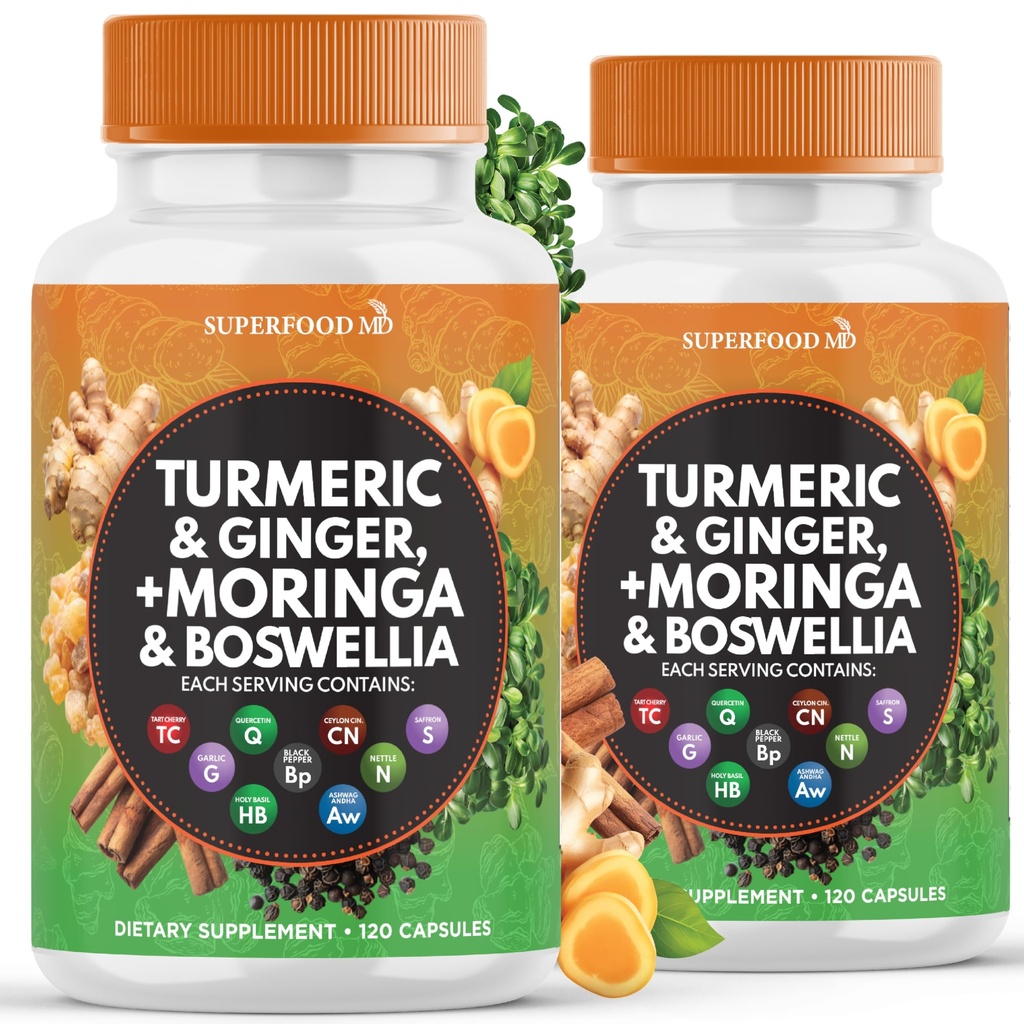 Kurkumas Moringa papildinājums   - Ginger, Boswellia, Saffron, Svētā Baziliks-Joint Support Pielikums sievietēm un vīriešiem ar Ceylon Cinnamon, Quercetin, Tart Cherry- 240 Count