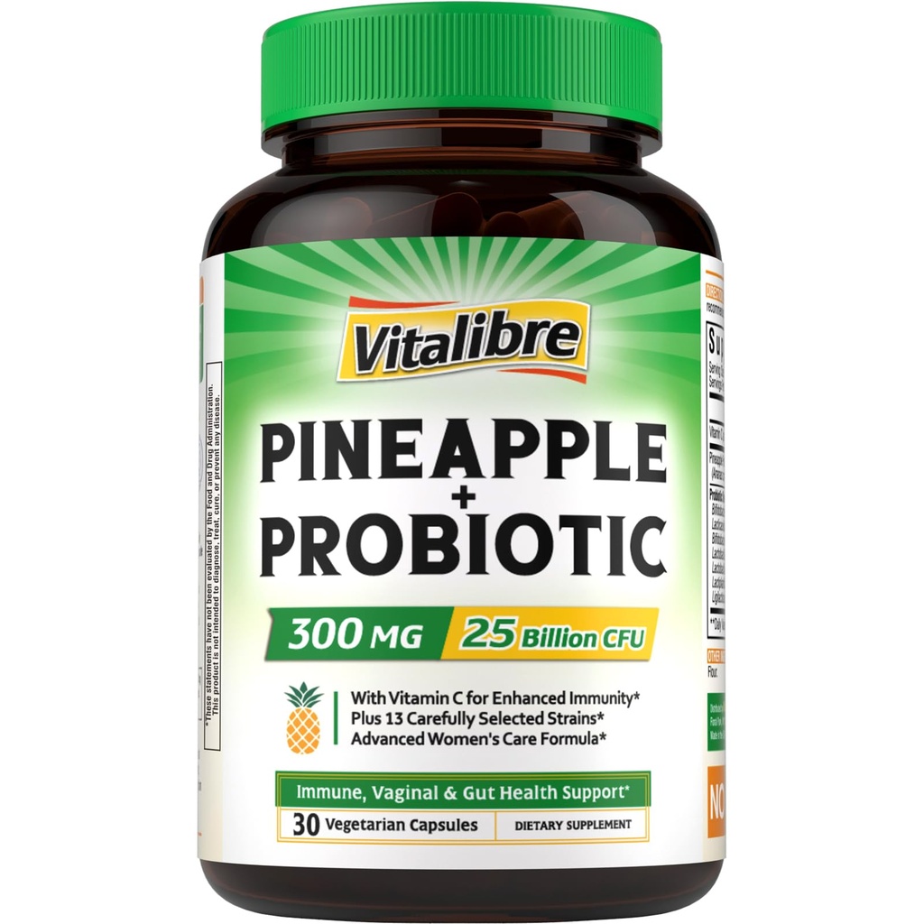 Vitalibre Pineapple + Probiotic, 300 mg, 25 Billion CFUs, 13 Strains, Natural Vitamin C, Powerful Antioxidants, for Immunity, Vaginal, Gut Health, 30 Vegan Capsules, Non GMO