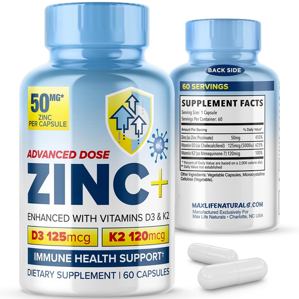 Advanced Zinc Picolinate 50mg Immune Health Support with Vitamin D3 & K2 – 60 Capsules, Zinc Supplements for Men and Women, Maintaining Cardiovascular, Bone, and Overall Wellness by MaxLife Naturals