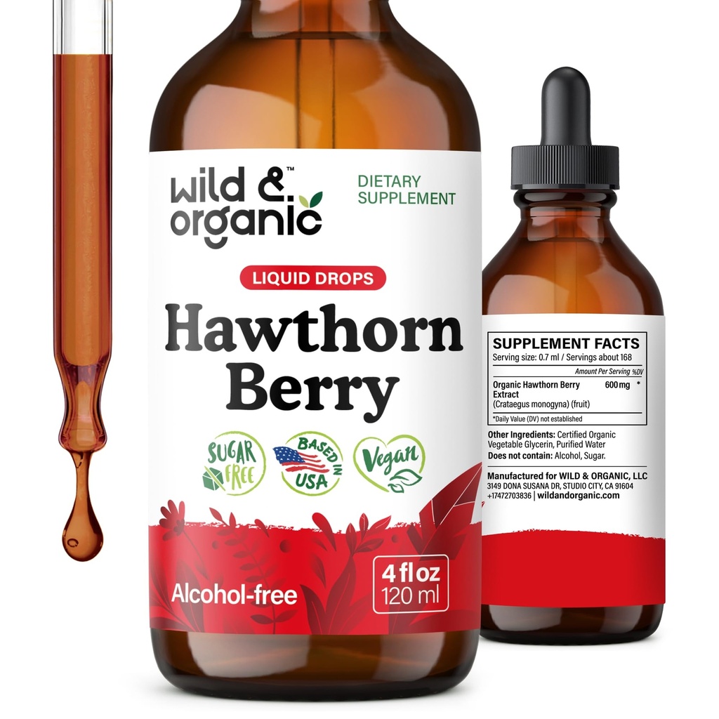 Wild & Organic Hawthorn Berry Tincture 600 mg - Liquid Hawthorne Berry Papildinājums vispārējam atbalstam - Vegāns, cukurs un bezalkohols Augļu ekstrakta pilieni - 4 fl oz