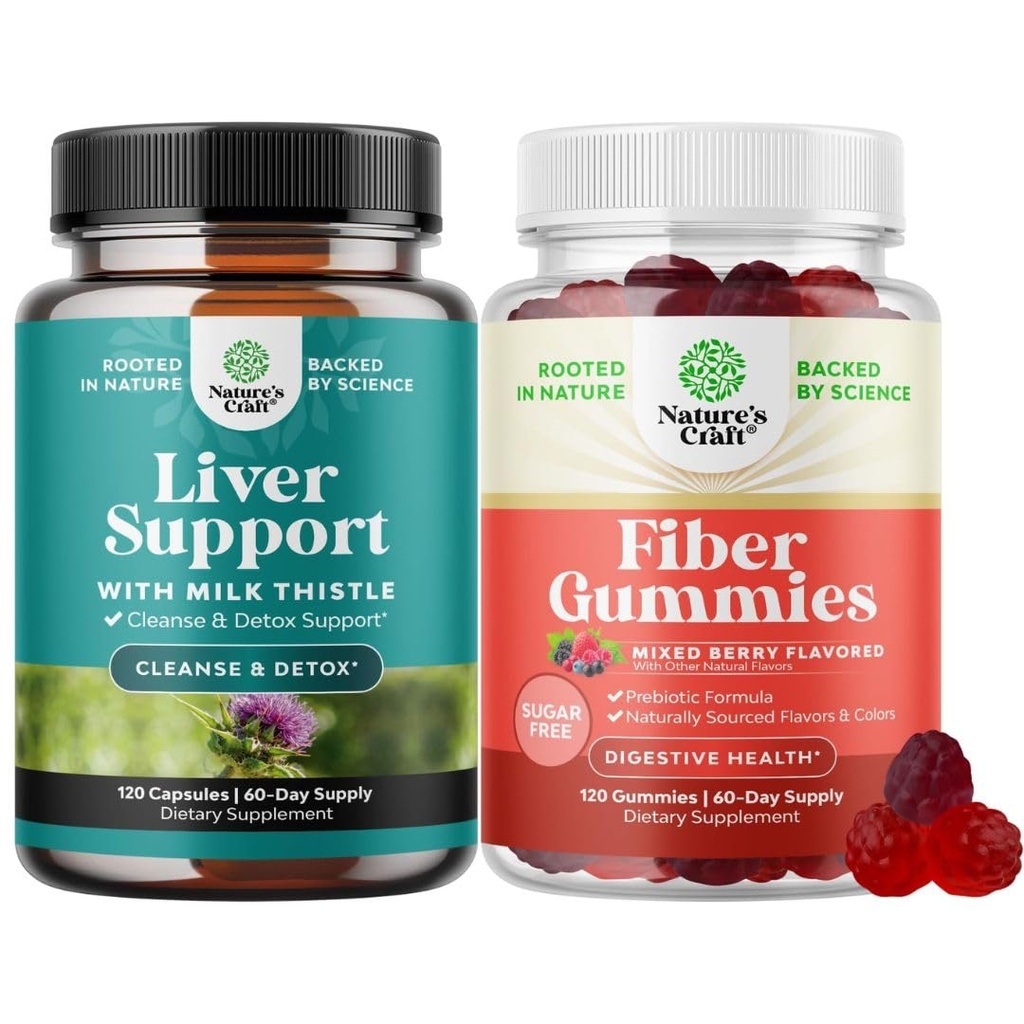 Bundle of Liver Cleanse Detox & Repair - Milk Thistle Dandelion Root Choline Beetroot Artichoke Extract and Fiber Gummies - Chicory Root Supplement with Prebiotic Support for Gut & Digestive Health