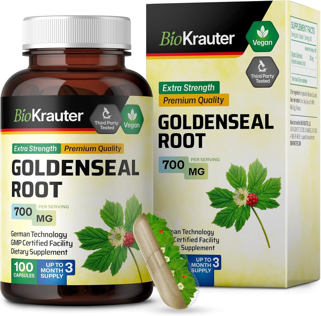 BIO KRAUTER Goldenseal Saknes Kapsulas 700 mg - 100 Zelta blīvslēga pulvera vāciņi - Elpošanas un Gremošanas atbalsts - Vegan, bez pildījumiem