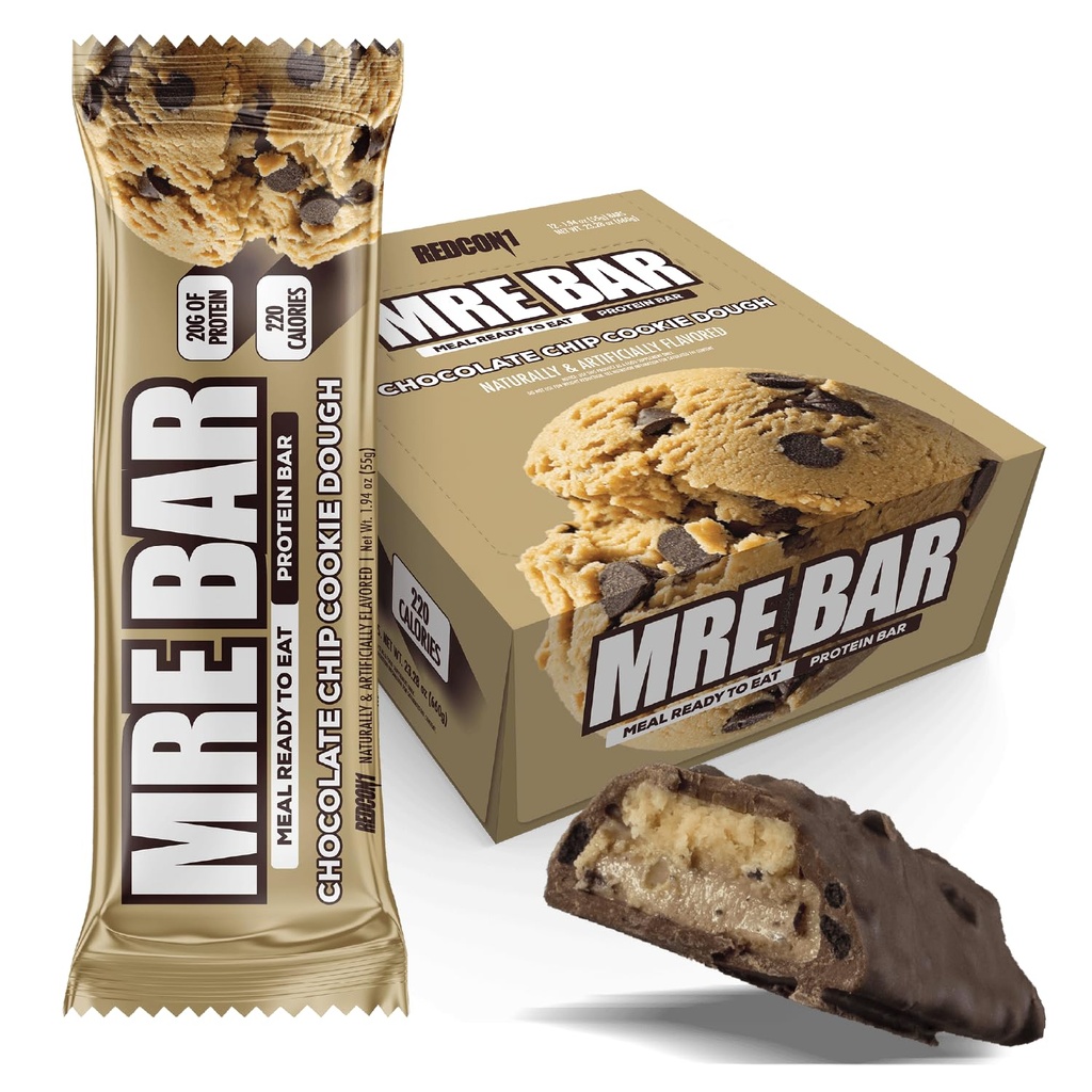 REDCON1 MRE Chocolate Chip Cookie Dough Protein Bars - 12 Count Snack Bars for Breakfast or Post-Workout