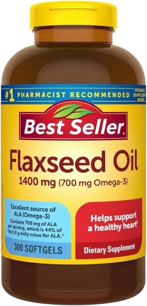Flaxseed Oil Softgels 1400 mg, 300 Count – Plant-Based Omega Fatty Acids (ALA), Easy-to-Swallow Capsules, Daily Nutritional Support