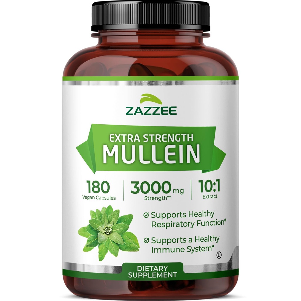 Zazzee Extra Strength Mullein Leaf 10:1 Extract, 180 Vegan Capsules, 6 Month Supply, Verbascum Thapsus, Respiratory & Lung Support, Certified Kosher, 100% Pure Leaf Powder, Non-GMO, Made in the USA