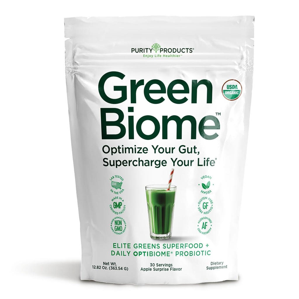 Green Biome - Elite Organic Greens Superfood + Daily OptiBiome Probiotic - Optimized to Promote Bloating Relief, Digestive Comfort + Regularity, Energy - Vegan. Gluten Free -Apple Flavor - 30 Servings