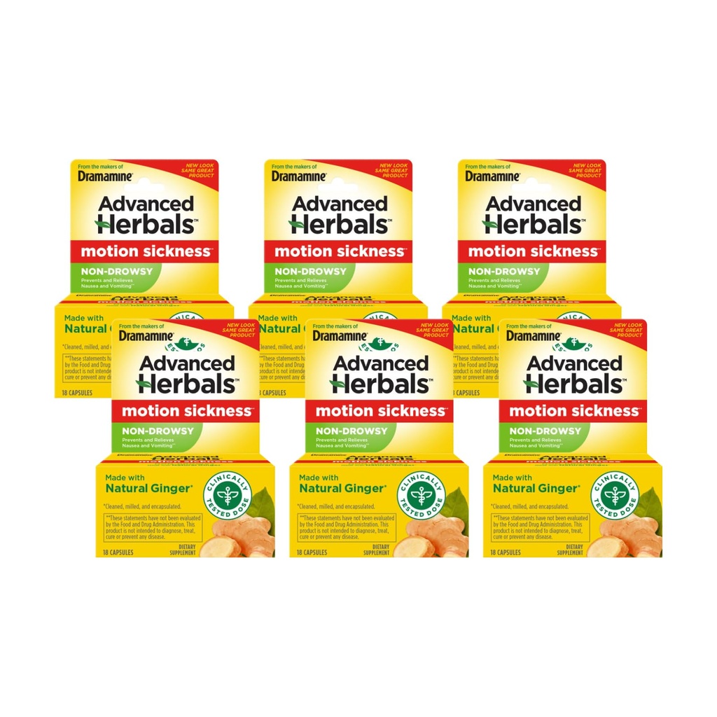 Dramamine Advanced Herbals Motion Sickness Relief, Non Drowsy, Natural Ginger Capsules, Prevents Nausea and Vomiting, Travel Sickness Relief, 18 Count (Pack of 6)