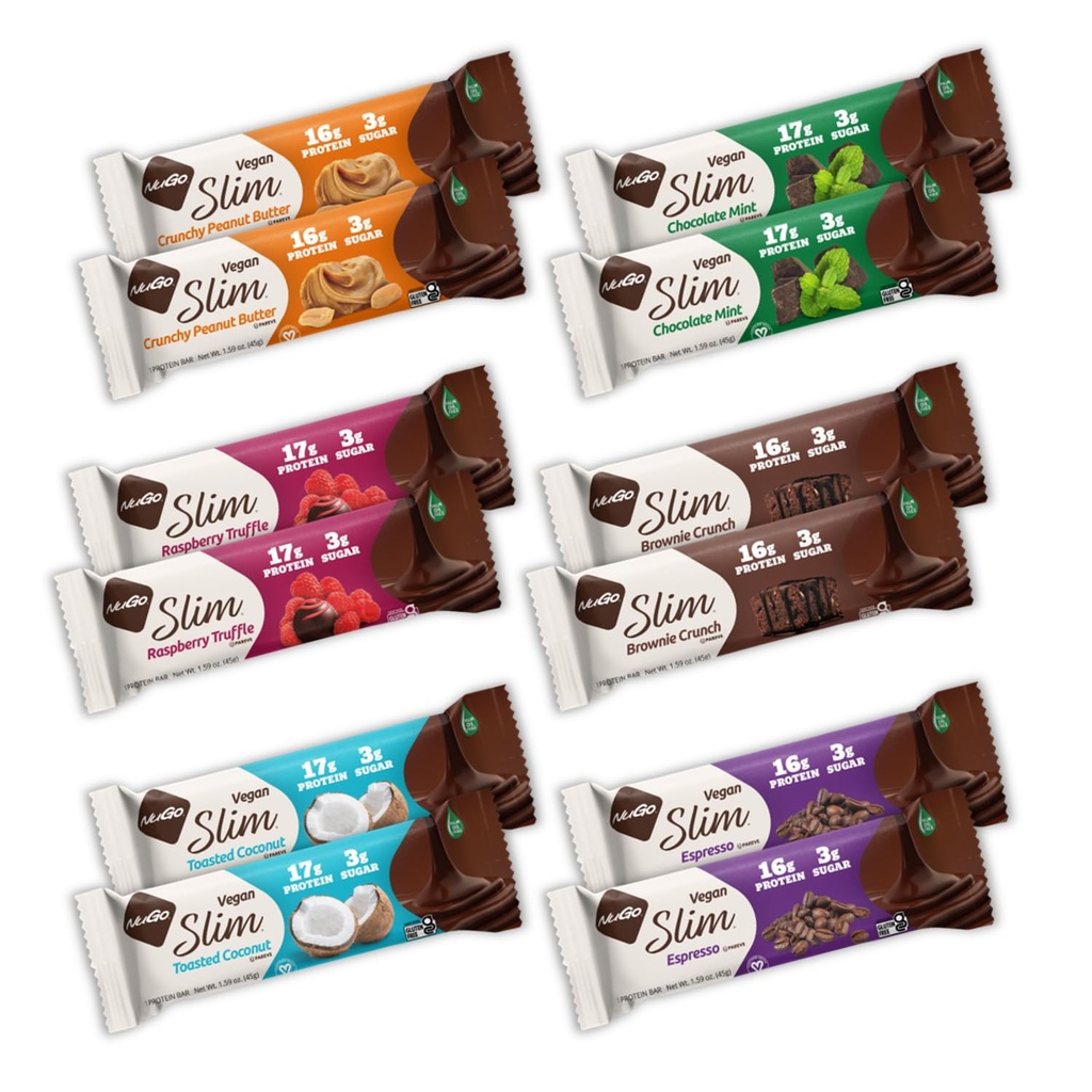 NuGo Slim 12ct Variety 16-17g Protein, 3g Sugar, High Fiber, Low Net Carb, Keto Friendly, Gluten Free