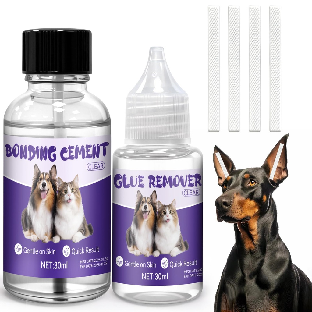 All-in-One Ear Posting Kit with Bonding Cement for Dogs, 4pcs Ear Tapes and 30ml Glue Remover for Doberman, Corgi, Yorkie Daily Care, Quick & Long-Lasting