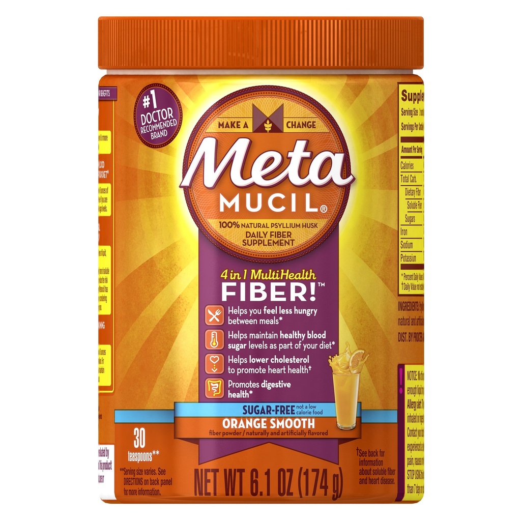 Metamucil Daily Fiber Supplement, Orange Smooth Sugar Psylllium Husk Powder, 6.1 Ounce