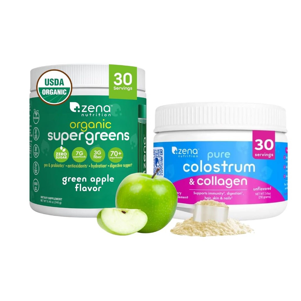 Zena Nutrition Organic Supergreens Greens Powder, 70+ Superfoods, Green Apple, 30 Servings + Bovine Colostrum & Collagen Powder Supplement, Supports Immunity, Digestion, Hair, Beauty, 30 Servings