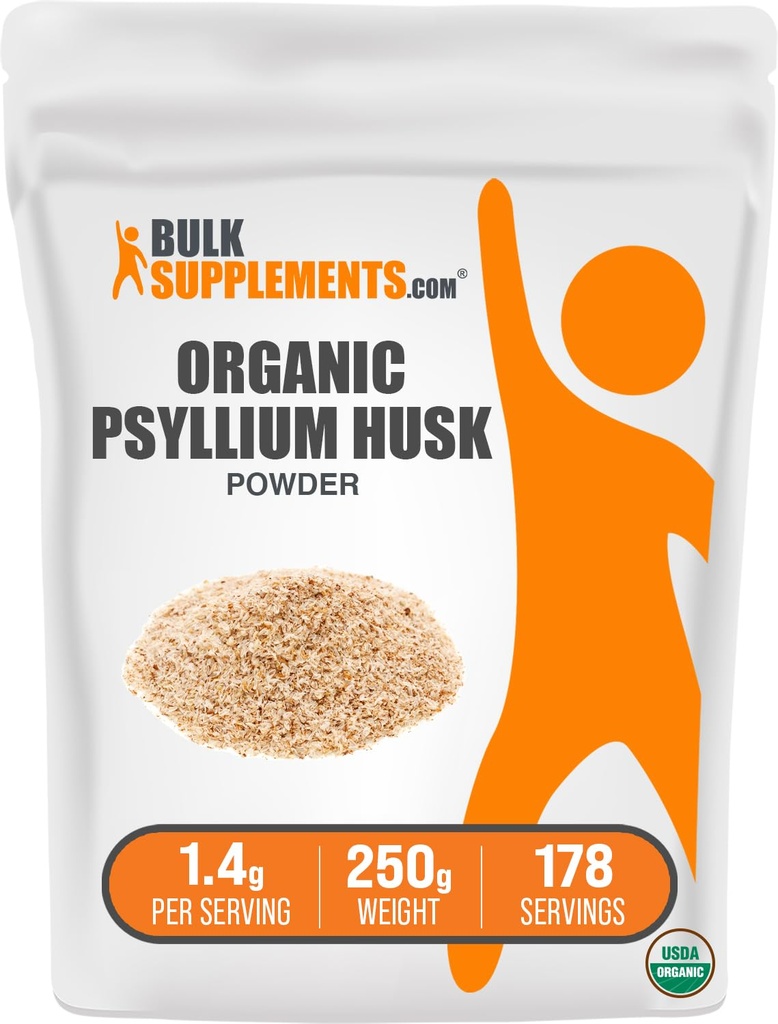 BulkSupplements.com Organic Psyllium Husk Powder - Psyllium Husk Powder for Baking, Fiber Papildinājums - bez lipekļa, 1,4g per Serving, 250g (8.8 oz) (iepakojums no 1)