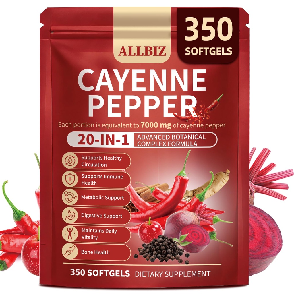 20-in-1 Organic Cayenne Pepper Capsules Supplement 7000mg | 350 Softgels | with Organic Vitamins D3 K2 E, Curcumin, Berberine, Probiotics & Omega-3 | Supports Circulation,Digestive & Bone Health
