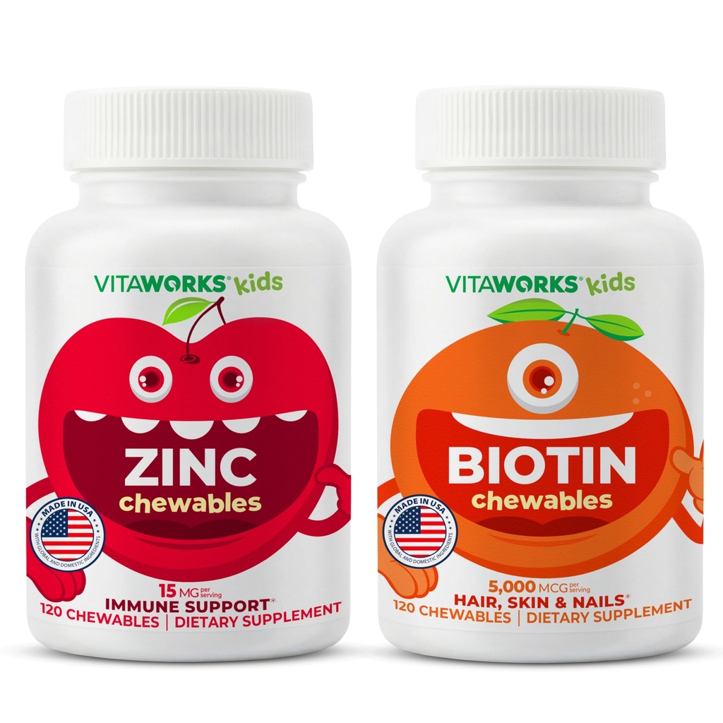 VitaWorks Kids Zinc 15mg Chewables + Biotin 5000mcg Chewables Bundle