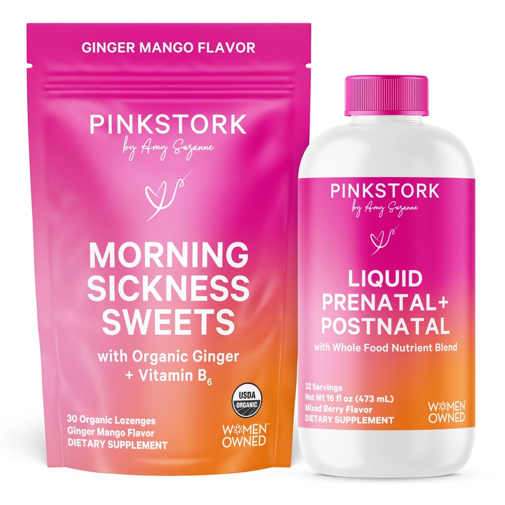 Pink Stork Liquid Prenatal + Morning Sickness Bundle - Morning Sickness Relief, Motion Sickness, Prenatal Vitamins for Women, Pregnancy Must Haves