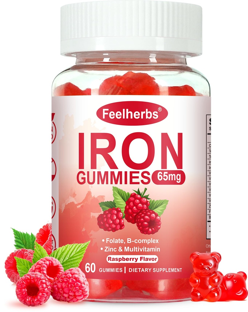 Iron Gummies for Women with Multivitamin, Iron Supplement for Women with Energy & Blood Builder, Raspberry Flavor Iron Vitamin Gummy with Folate, B Complex, Vegan 60 Gummies