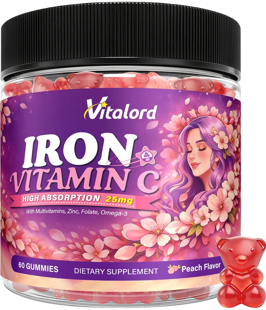 Iron Bisglycinate Gummies 25mg for Women & Kids, Gentle Chelated Iron Supplements with Vitamin C, Folate, Omega-3, Energy Support, Immune Health, Sugar Free, Peach Flavor, 60 Ct