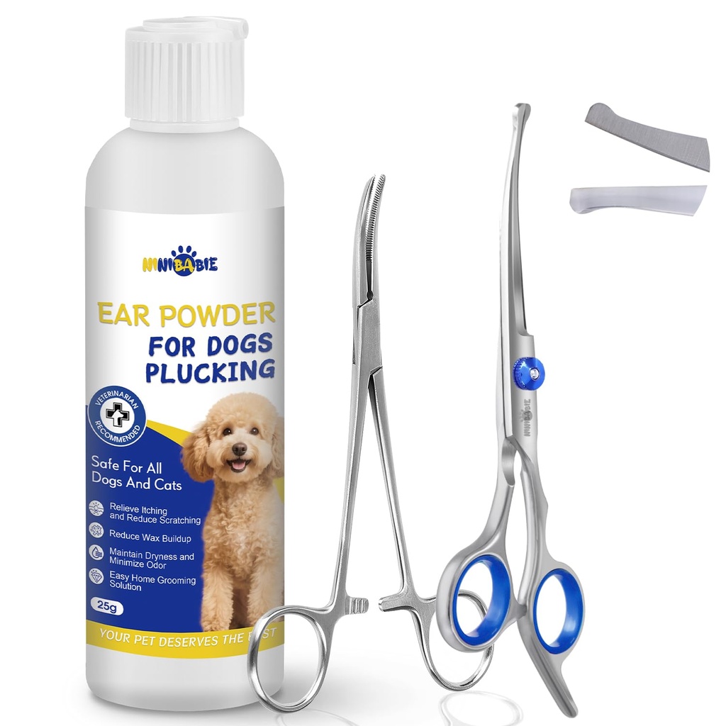 Dog Ear Hair Removal Kit – Ear Powder, Safety Round Tip Scissors & Locking Tweezers – At-Home Grooming Set for Hair Plucking, Wax Removal & Odor Control – Ideal for Poodles & Doodles