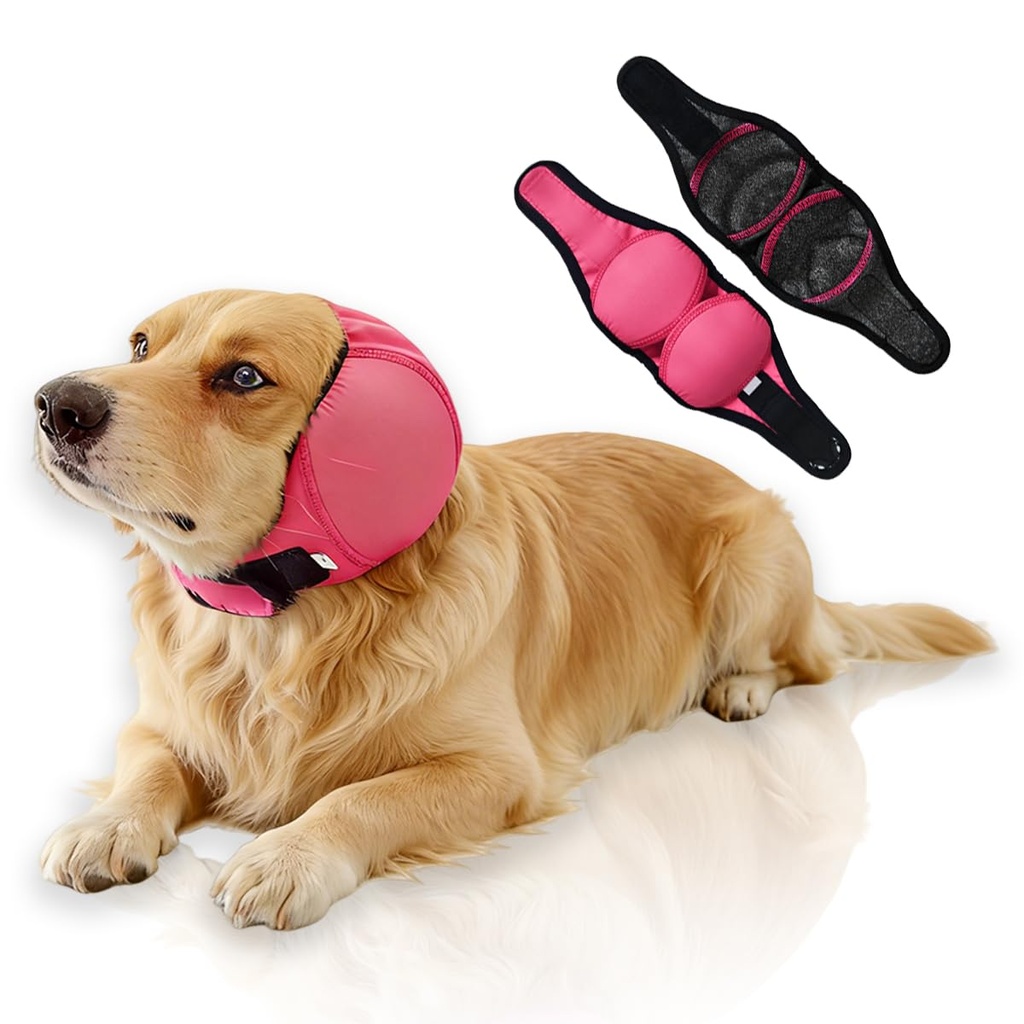 Waterproof Dog Ear Covers,No Flap Ear Wraps for Dogs,Dog Ear Muffs for Noise Protection & Anxiety Relief,Adjustable Dog Calming Hoodie Shower Cap for Bathing Grooming(Fuchsia,M)