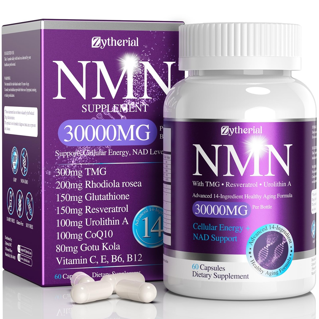 NMN Supplement 1000mg Per Serving, 14-in-1 with TMG, Urolithin A, Resveratrol, Glutathione, CoQ10 for Men Women, NMNH Alternative & NAD+ Supplement Precursor, Supports Energy & NAD+ Level, 60 Count