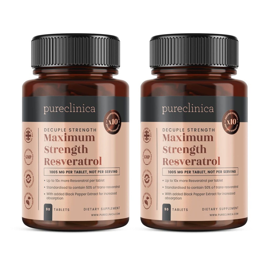pureclinica 1000mg Resveratrol x 180 Tablets (2 Bottles of 90 Tablets Each - 6 Months Supply). 10 x Strength and with Black Pepper Extract for Faster Absorption