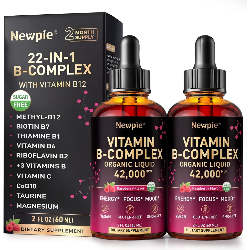 Vitamin B Complex Liquid Drops - B12 Methylcobalamin, B6, B1, Niacin & Folate, Biotin, Vitamin C, Choline, Inositol, CoQ10 & Taurine - Methylated Sublingual for Energy & Focus - Vegan, Organic