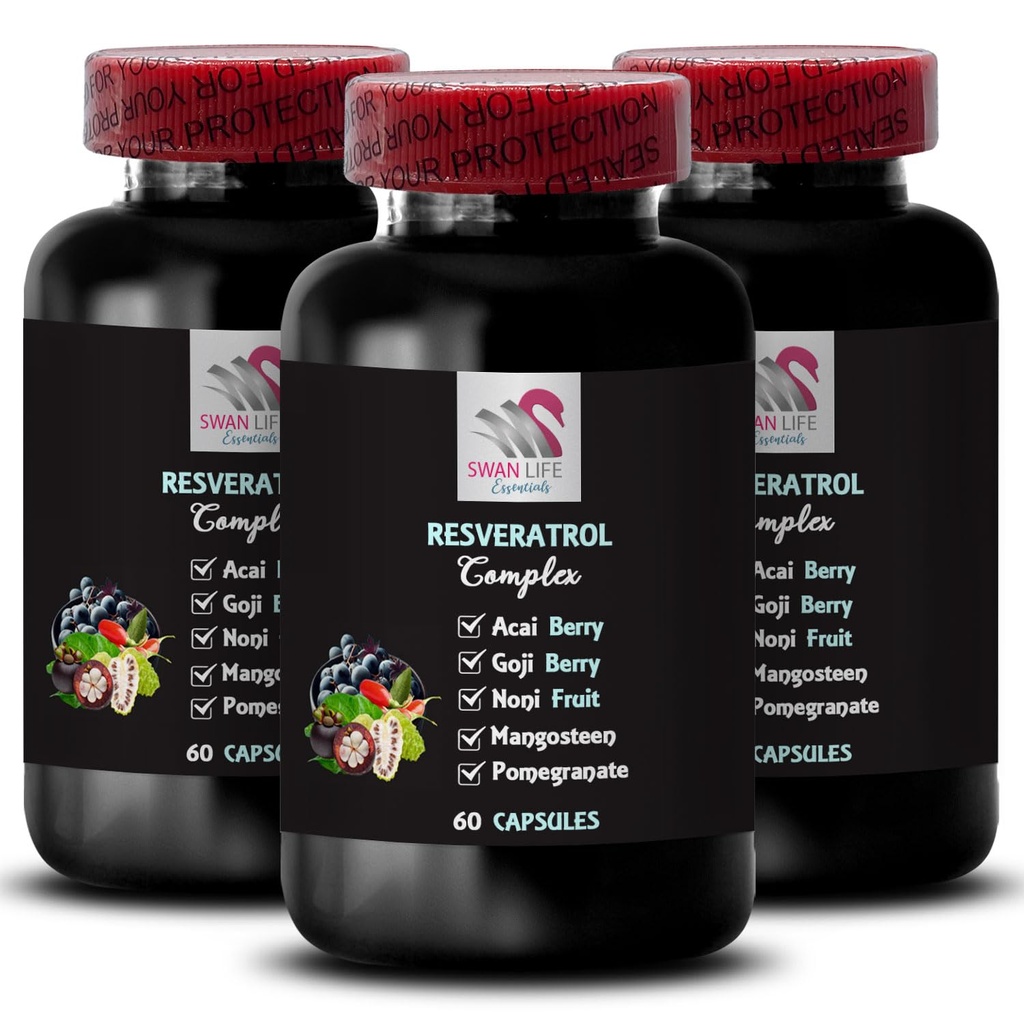 Berry Benefits - RESVERATROL COMLEX - Daily Energy, Noni Blend, Elderberry Strength, Grape Skin Power, Goji Berry Shine, Flavorful Boost, Acai Berry Energy, Powerful Antioxidants 3 Bottles 180 Caps