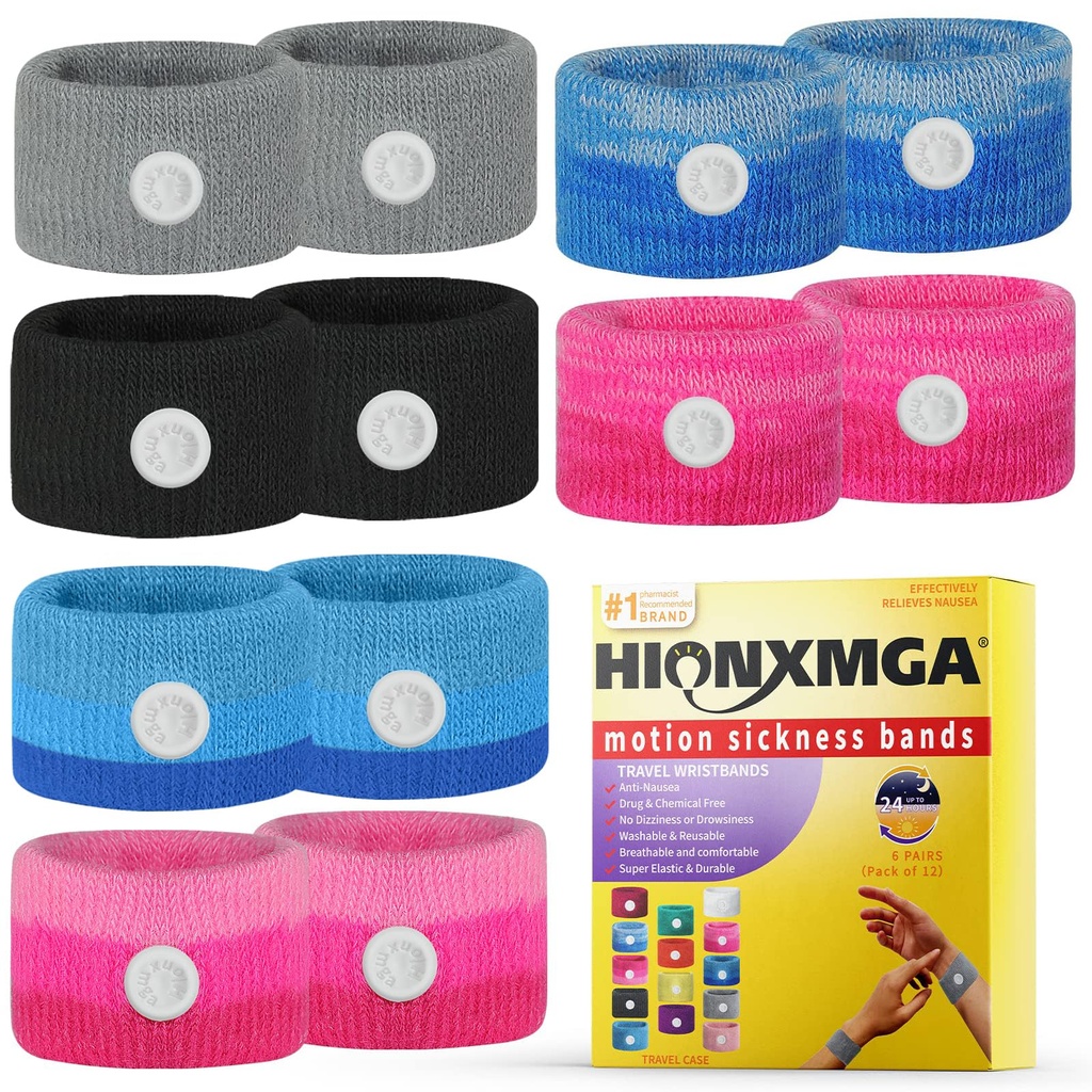 HIONXMGA 6 Pairs Motion Sickness Bands – Natural Anti Nausea Acupressure Wristbands for Morning & Motion Sickness Relief – Ideal for Car, Cruise & Flight Travel – for Adults and Kids