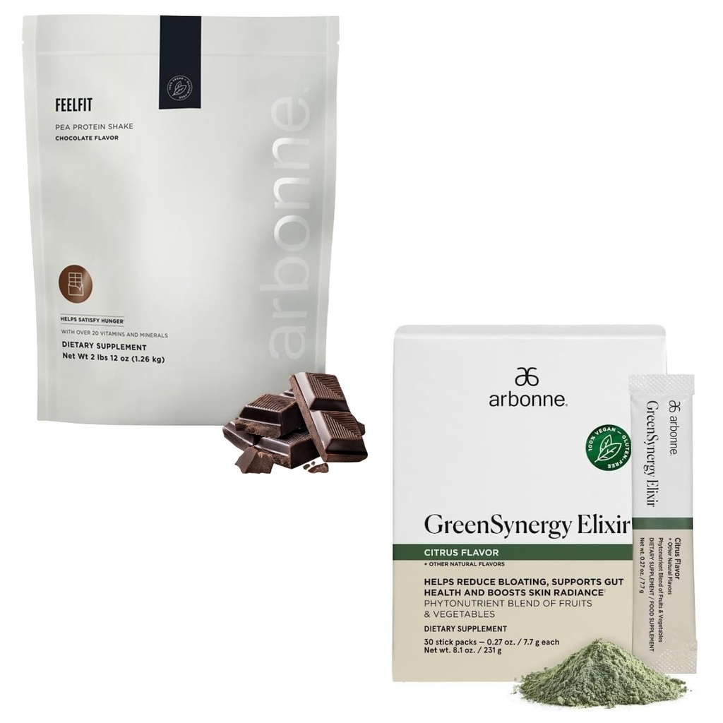 Arbonne Feelfit Pea Protein Shake - Daily Supplement Powder Chocolate + GreenSynergy Elixir – Citrus-Flavored Greens Powder with 13 Digestive Enzymes, Vegan Collagen Builder, Probiotics and Prebiotics