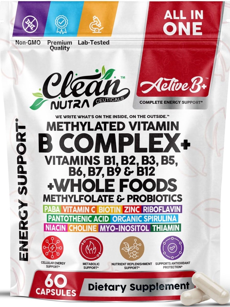 Vitamin B Complex Methylated B Vitamins for Women, Vitamin B12 Methylcobalamin Methylfolate B12 B1 B2 B3 B5 B6 B7 B9 Biotin Myo Inositol Choline Organic Spirulina Methylated Multivitamin 60 Ct