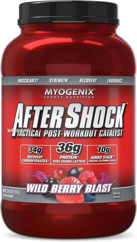 Myogenix Aftershock Post Workout pulveris – Sūkalu proteīns ar ogļhidrātiem muskuļu reģenerācijas un degvielas – Wildberry domnas, 3 mārciņas