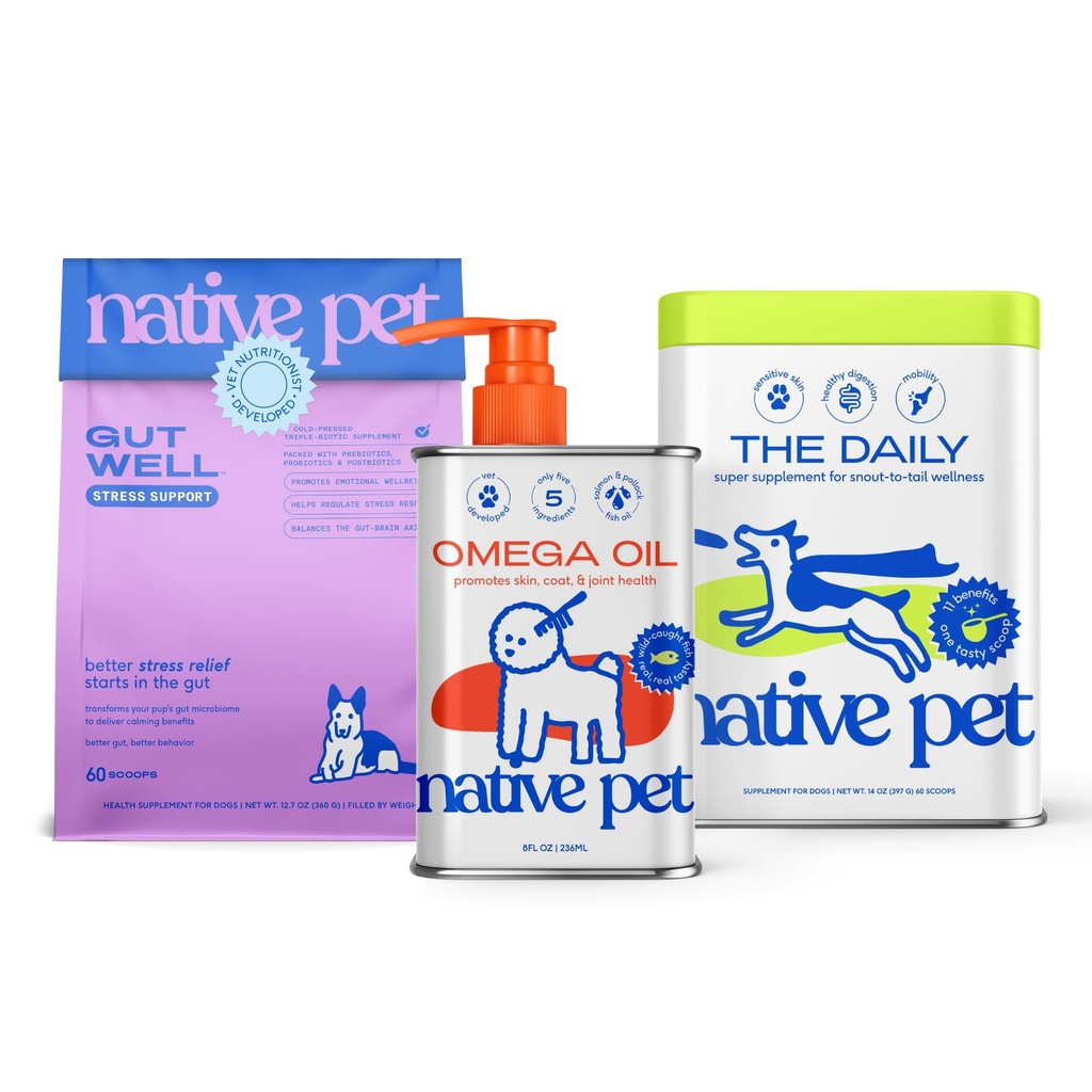 Native Pet Daily Wellness Bundle & Dog Anxiety Relief – 11-in-1 Vitamins and Supplements, Omega 3 Fish Oil for Dogs & Calming Supplement for Gut, Skin, Coat, Joint & Immune Support