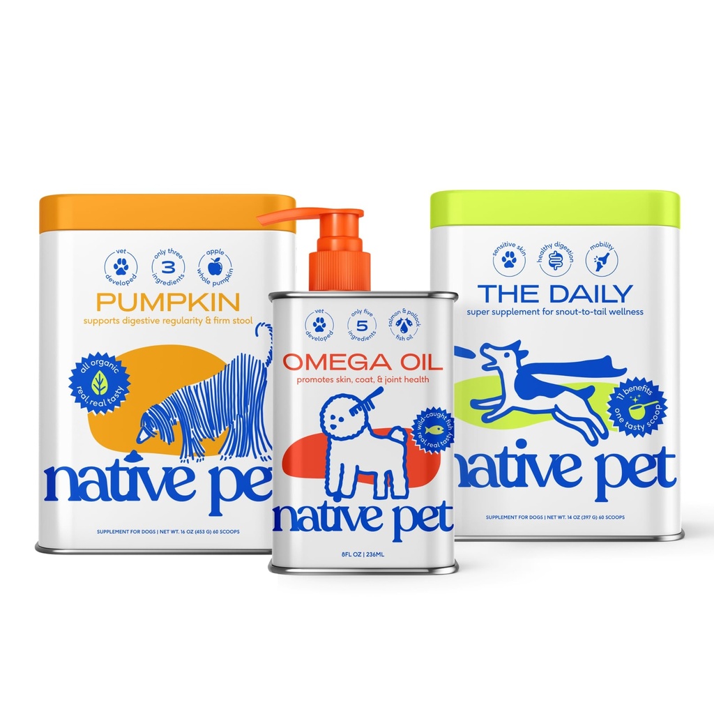 Native Pet Daily Wellness Bundle & Pumpkin for Dogs – 11-in-1 Vitamins and Supplements, Omega 3 Fish Oil for Dogs & Organic Pumpkin Food Topper Powder for Gut, Skin, Coat, Joint & Immune Support